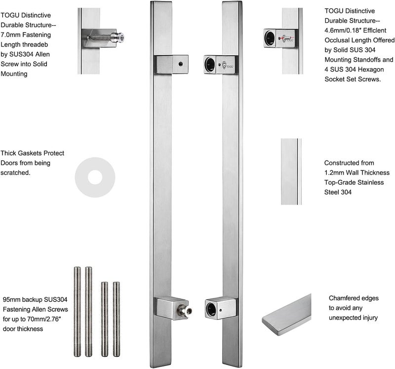 TOGU TG-6018 18 inches Solid Standoffs Heavy-Duty Commercial Grade-304 Stainless Steel Push Pull Door Handle/Barn Door Pull Handle/Glass Pulls, Full Brushed Stainless Steel Finish - Image 3